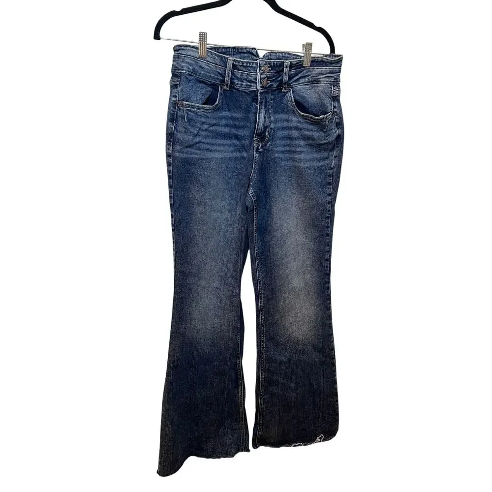Maurices Women's 14 REG High Rise Distressed Raw Seam Flared Blue Jeans 30x31.5